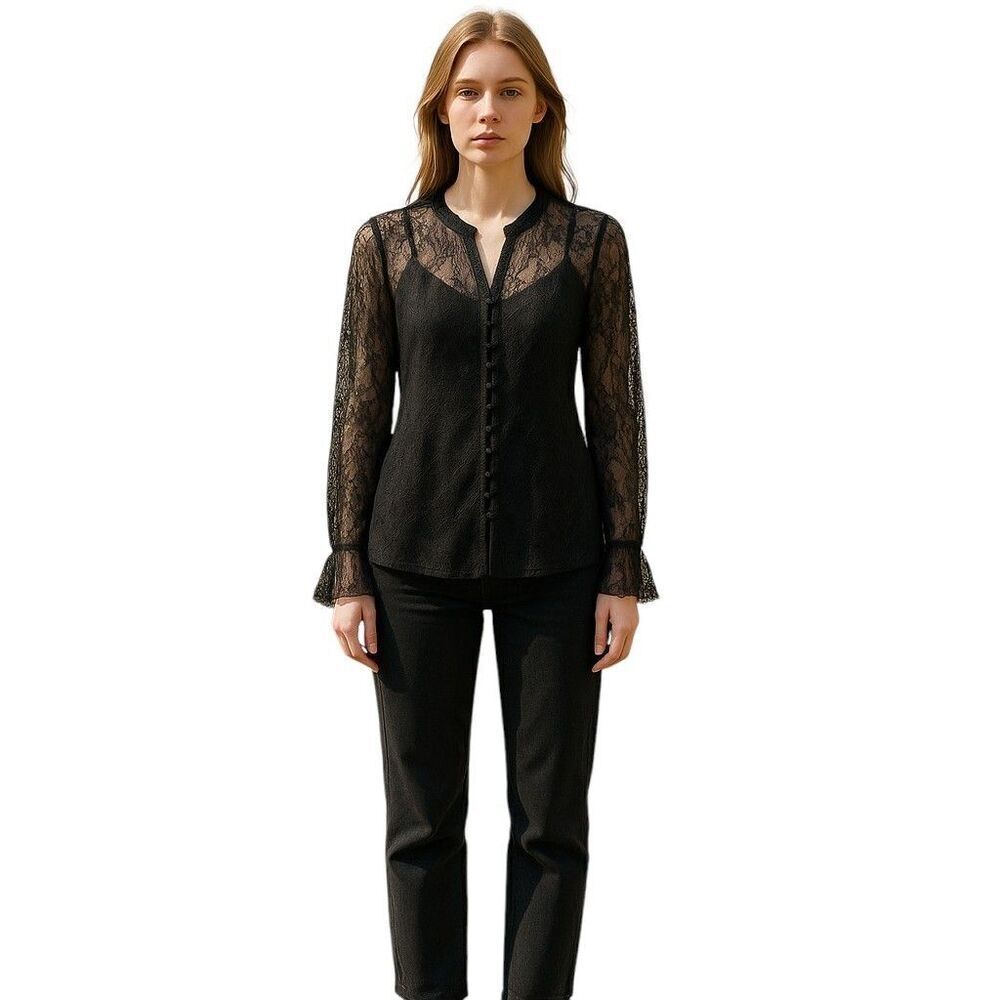 Paige Saldana Blouse Long Sleeve Button Front Lace Black Womens Small